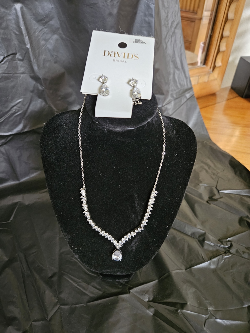 David's Bridal Silver Teardrop Crystal Necklace and Earrings Set